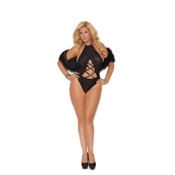 Size Queen Size - Lace and Opaque Halter Neck Teddy with Criss Cross Detail - Picture 1 of 2